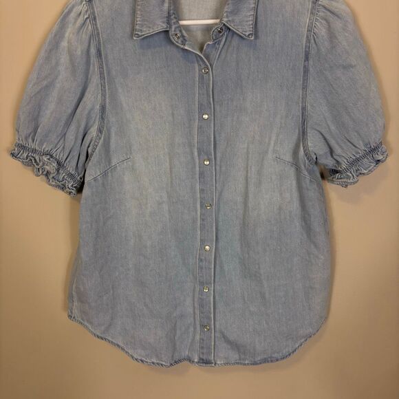 Risen Collared Button Front Denim Short Sleeve Ruffle Sleeve Size Large - Picture 3 of 6